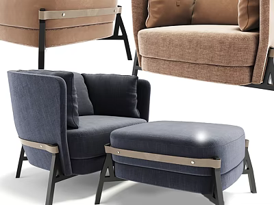 Elegant Chaise Lounge With Blue Brown Upholstery Ottoman Metal Trim And Black Legs 3d model
