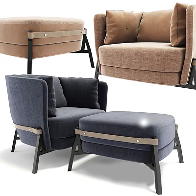 Elegant Chaise Lounge With Blue Brown Upholstery Ottoman Metal Trim And Black Legs 3d model