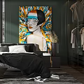 Modern Luxury Bedroom Interior With Large Colorful Artwork Black Bed And Gold Pendant Lights