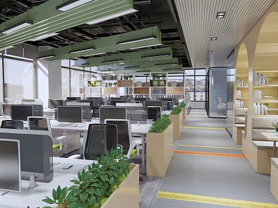 Modern Public Office Area With Workstations Computers Green Plants And Open Layout 3d model