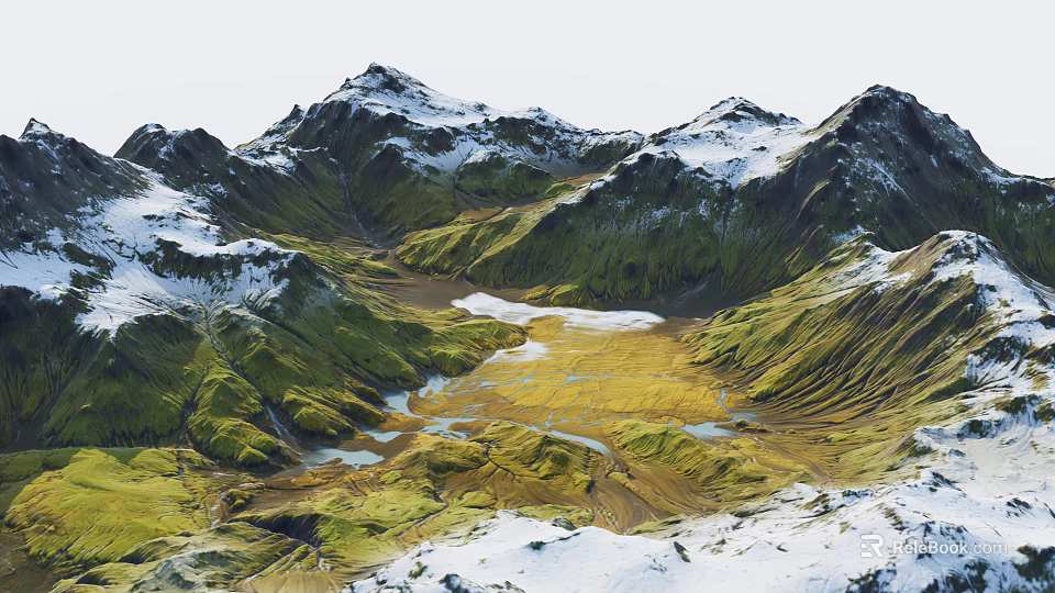 Natural Garden Landscape with Snow Capped Mountains Green Grasslands Yellow Terrain and Streams 3d model 