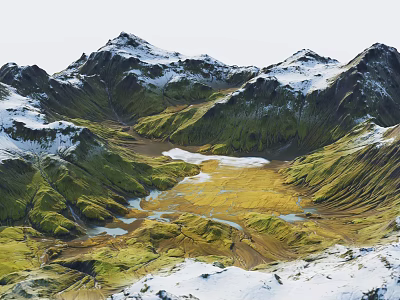 Natural Garden Landscape with Snow Capped Mountains Green Grasslands Yellow Terrain and Streams 3d model