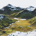 Natural Garden Landscape with Snow Capped Mountains Green Grasslands Yellow Terrain and Streams