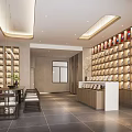 Modern Specialty Store Interior With Display Shelves Round Products Lighting And Wooden Chairs