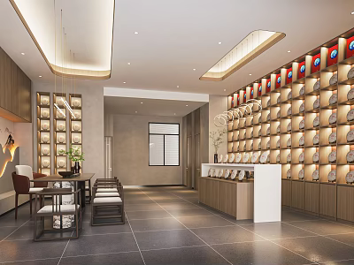 Modern Specialty Store Interior With Display Shelves Round Products Lighting And Wooden Chairs 3d model