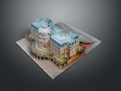Detailed European Style Architectural Model Featuring Green Roof Dome And Multi Story Structure 3d model