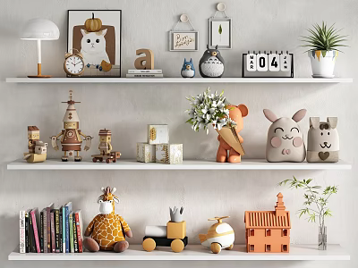Assorted Decorative Ornament Combination with Animal Dolls Green Plants Books and Clock on White Shelves 3d model