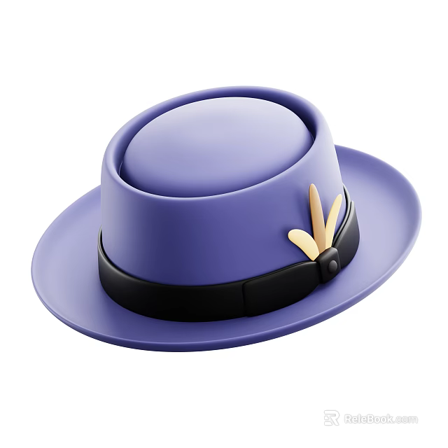 Stylish Purple Hat With Black Band Yellow Decorative Accent Round Crown And Wide Brim 3d model 