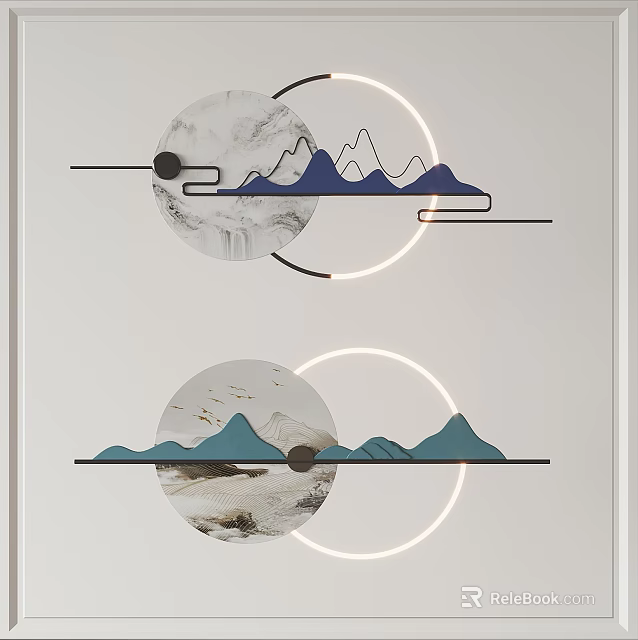 Stylish Circular Wall Decor With Blue Mountain Landscape And Flying Birds 3d model 
