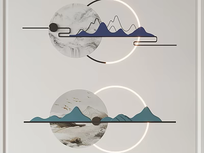 Stylish Circular Wall Decor With Blue Mountain Landscape And Flying Birds 3d model