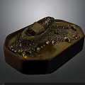 Golden Decorative Boat Model on Red Wooden Base with Accents