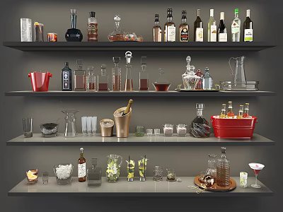 Assorted Wine Bottles and Glasses Arranged on Multiple Shelves with Cocktail Tools 3d model