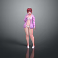 Game Movie Character With Red Hair Pink Coat White Undergarments Standing In Gray Background