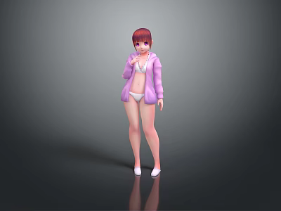 Game Movie Character With Red Hair Pink Coat White Undergarments Standing In Gray Background 3d model