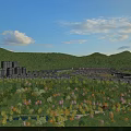 Landscape Garden With Green Trees Flowers River And High Rise Buildings Near Hills