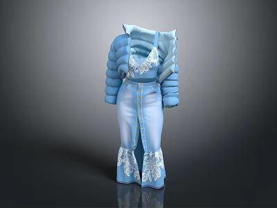 Blue Elegant Fashion Outfit With Puffy Sleeves Lace Inner Layer And Flared Button Pants 3d model
