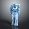 Blue Elegant Fashion Outfit With Puffy Sleeves Lace Inner Layer And Flared Button Pants