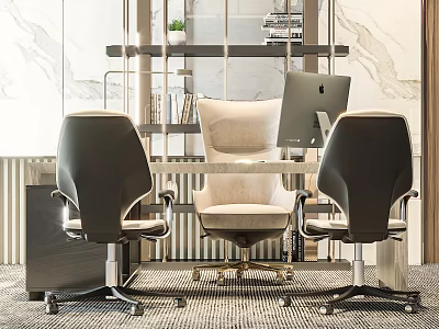 Modern Office Desk With Marble Top and Ergonomic Chairs in Workspace With Bookshelf Plants 3d model