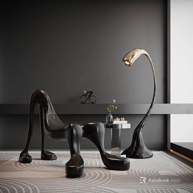Black Unique Shaped Single Chair With Modern Design And Floor Lamp In Interior Decor 3d model 