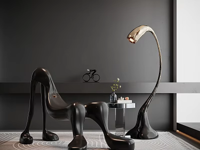 Black Unique Shaped Single Chair With Modern Design And Floor Lamp In Interior Decor 3d model