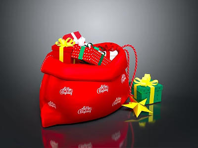 Red Christmas Gift Bag Filled With Colorful Gifts Green Box And Yellow Star 3d model