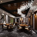 Traditional Chinese Teahouse Interior With Wooden Furniture Carved Ceiling And Elegant Lighting