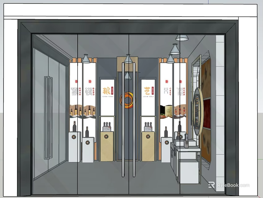 Modern Retail Store Interior With Glass Doors Display Shelves And Brand Signs 3d model 