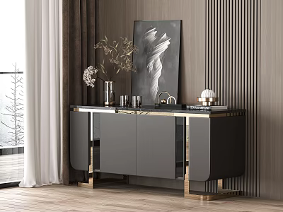 Modern Entryway Side Console Cabinet With Black Gold Accents Decorative Vase Artwork On Wooden Floor 3d model