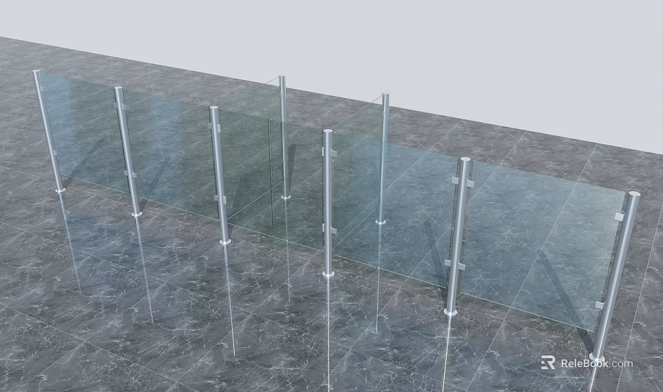 Modern Glass Railing Installation With Metal Posts On Marble Floor 3d model