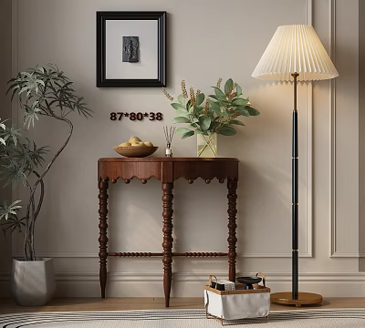 Elegant Wooden Entryway Console Table Cabinet With Floor Lamp Green Plants And Wall Decor 3d model