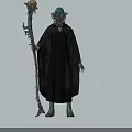 Mystical Game and Movie Character Standing With Green Head Mask Black Robe Holding Skull Staff