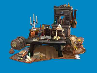 Vintage Decorative Ornament Set on Wooden Study Workbench with Candle Holder Books and Bottles 3d model