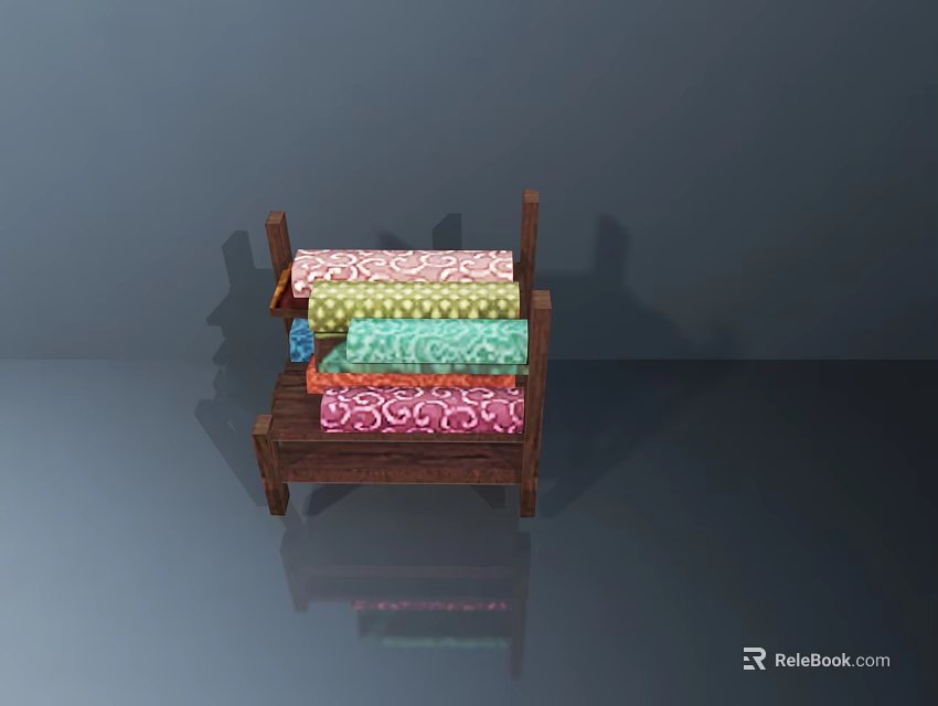 Wooden Rack With Colorful Rolled Fabric Items And Patterned Designs 3d model 