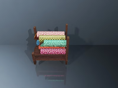 Wooden Rack With Colorful Rolled Fabric Items And Patterned Designs 3d model
