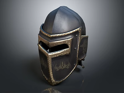 Ancient Medieval Knight Helmet With Metallic Build And Intricate Golden Decorative Carvings 3d model