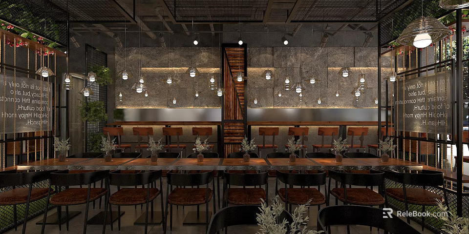 Industrial Restaurant Interior With Stone Wall Pendant Lights Wooden Tables Chairs Staircase And Plants 3d model 