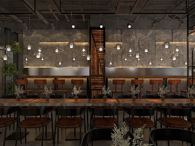 Industrial Restaurant Interior With Stone Wall Pendant Lights Wooden Tables Chairs Staircase And Plants 3d model