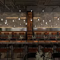 Industrial Restaurant Interior With Stone Wall Pendant Lights Wooden Tables Chairs Staircase And Plants