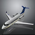 White Business Jet With Blue Tail Wings And Yellow Stripes Twin Engines On Gray Background
