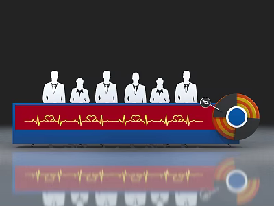 White Team Figures On Red Background With Heart Rate Graph And Circular Chart 3d model