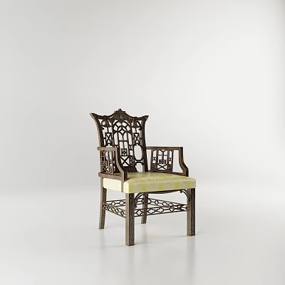 Elegant Traditional Chinese Carved Wooden Armchair With Yellow Patterned Fabric Seat 3d model