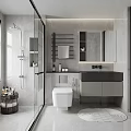 Modern Bathroom Interior Design With Glass Shower Vanity Toilet Mirror And Shelves