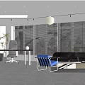 Modern Office Interior Design With Black Sofa Blue Chair And Large Windows With Blinds