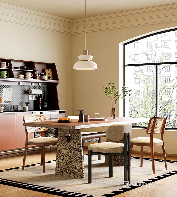 Cozy Restaurant Interior With Wooden Dining Table Chairs Pendant Light Green Plant And Large Window 3d model 