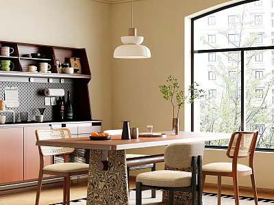 Cozy Restaurant Interior With Wooden Dining Table Chairs Pendant Light Green Plant And Large Window 3d model