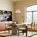 Cozy Restaurant Interior With Wooden Dining Table Chairs Pendant Light Green Plant And Large Window