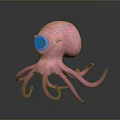 Pink Octopus With Large Green Eye Blue Spots And Long Tentacles On Dark Background