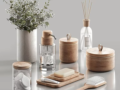 Stylish Bathroom Accessories Collection With Hand Soap Dispenser Wooden Storage Jars Soap Dish And Hair Brush 3d model