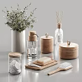 Stylish Bathroom Accessories Collection With Hand Soap Dispenser Wooden Storage Jars Soap Dish And Hair Brush