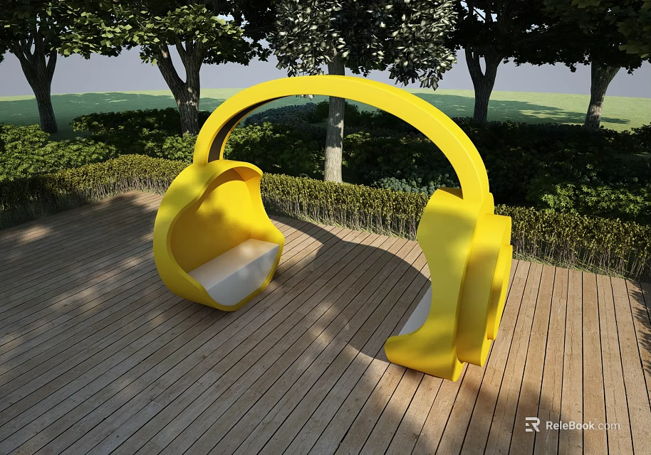 Yellow Headphone Shaped Outdoor Chair On Wooden Deck With Trees And Green Plants 3d model 